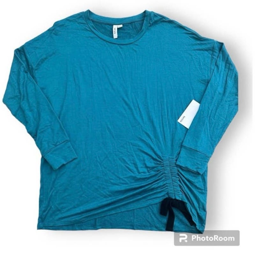 Kensie French Terry Ruched Tie Waist Top Size Large Blue Green NWT